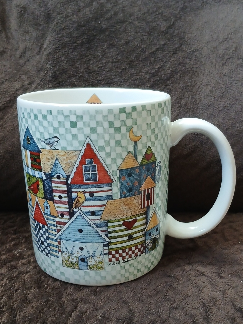 Vintage Lang And Wise "Birdhouse Patchwork" 12 oz Coffee Tea Mug 1996